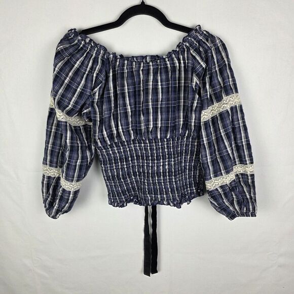 NWT KIMCHI BLUE Marley Front Tie Blouse in Navy Plaid Print with Lace Detail Lrg - Picture 3 of 7